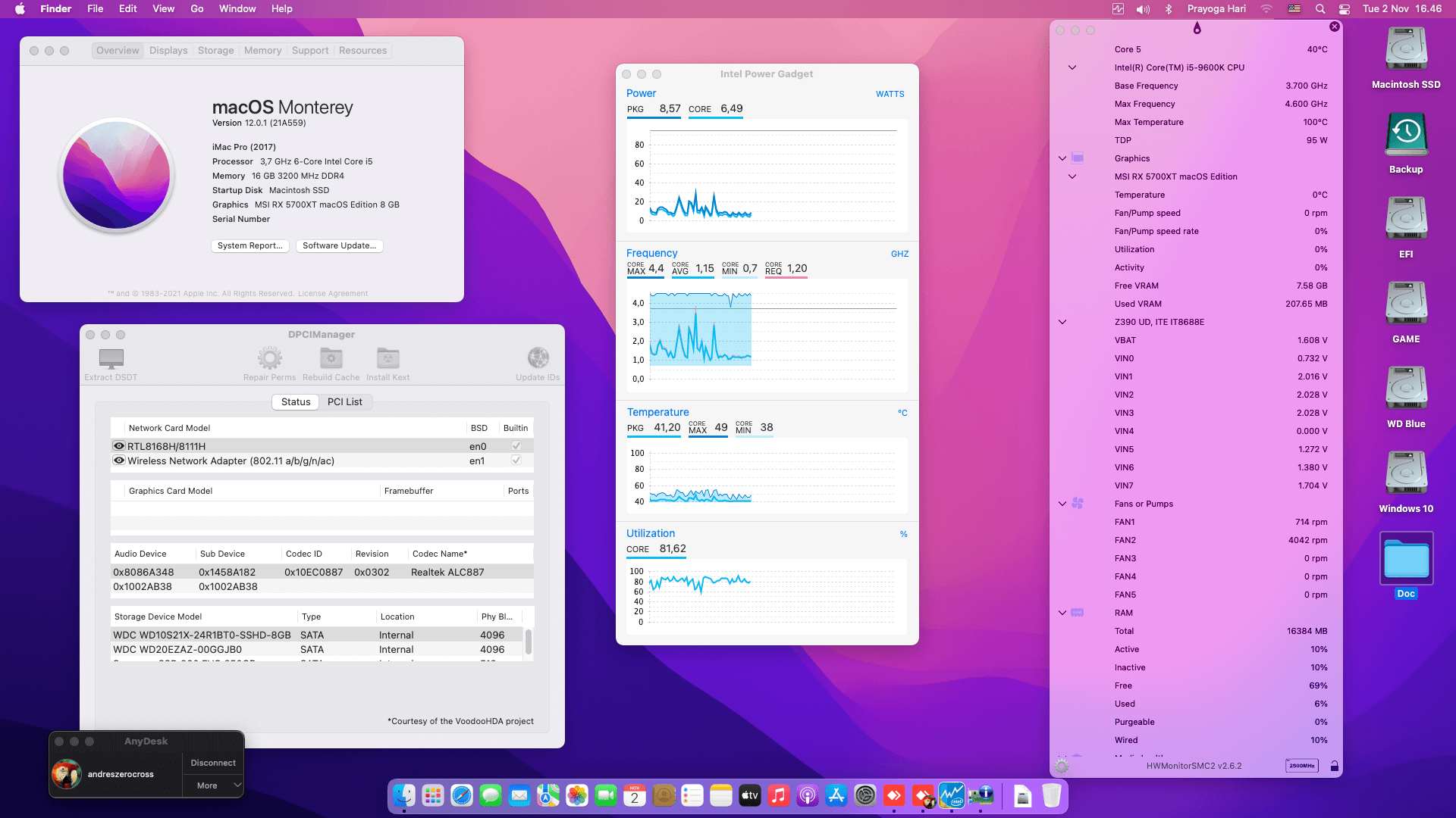 Success Hackintosh macOS Monterey 12.0.1 Build 21A559 in Gigabyte Z390 UD + Intel Core i5 9600K + MSI Radeon 5700XT